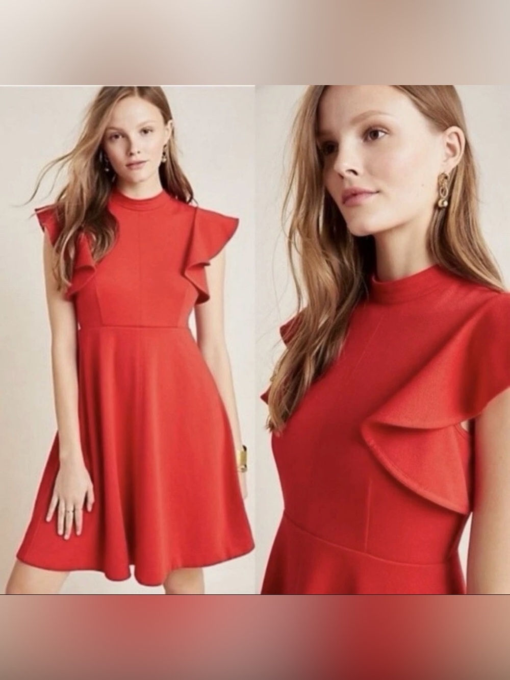 Anthropologie Maeve Womens Deena Mini Dress Size XS Flutter Sleeve High Neck Red